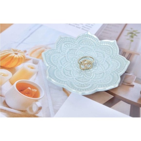 Indie Mandala Floral Blue Boho Hamsa Jewelry Trinket Ring Dish Ceramic Holder - Picture 2 of 8